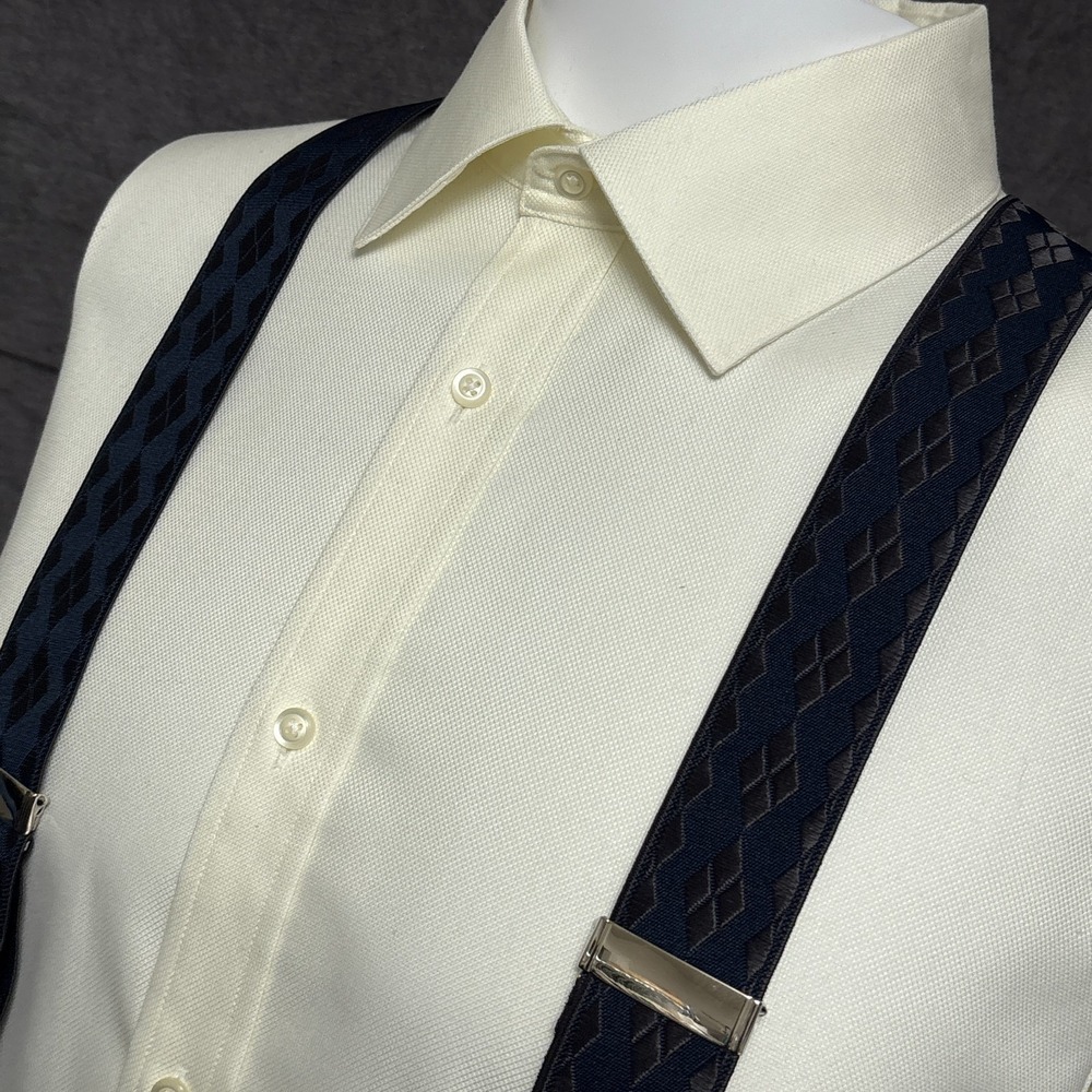 British Belt Co England Suspenders Braces Navy Blue Argyle Leather Button‎ Y